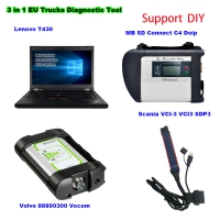 3 in 1 EU Trucks MB SD Connect C4 DOIP + V2.53.3 Scania SDP3 VCI3 Truck Scanner + 88890300 Vocom Volvo Truck Diagnostic Tool With Lenovo T430 Laptop And 1TB SSD Ready To Use